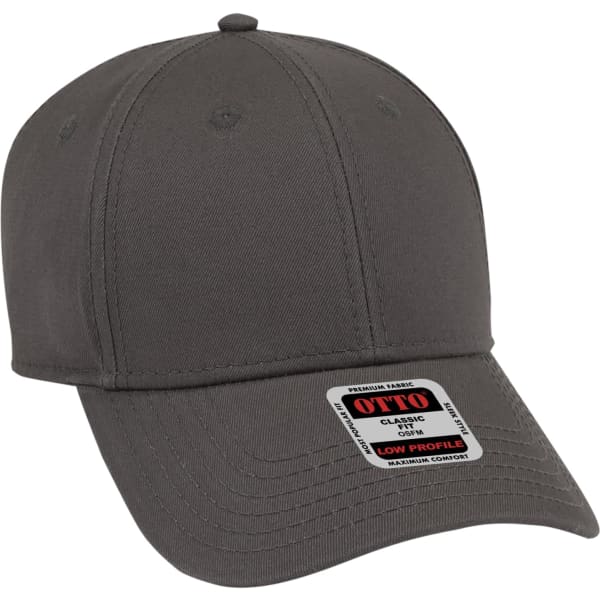 A grey 6-panel baseball cap with a low profile and a branded tag attached.