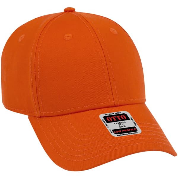 An orange 6-panel baseball cap with a curved brim and a logo on the front.