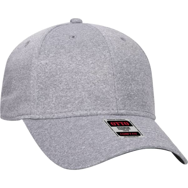 A grey six-panel baseball cap with a branded label on the side.