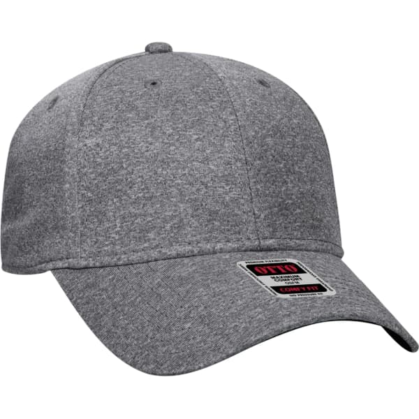 A grey six-panel baseball cap with a curved brim and a logo on the side.