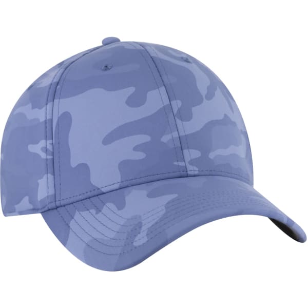 A blue camo-patterned 6-panel baseball cap featuring a logo.