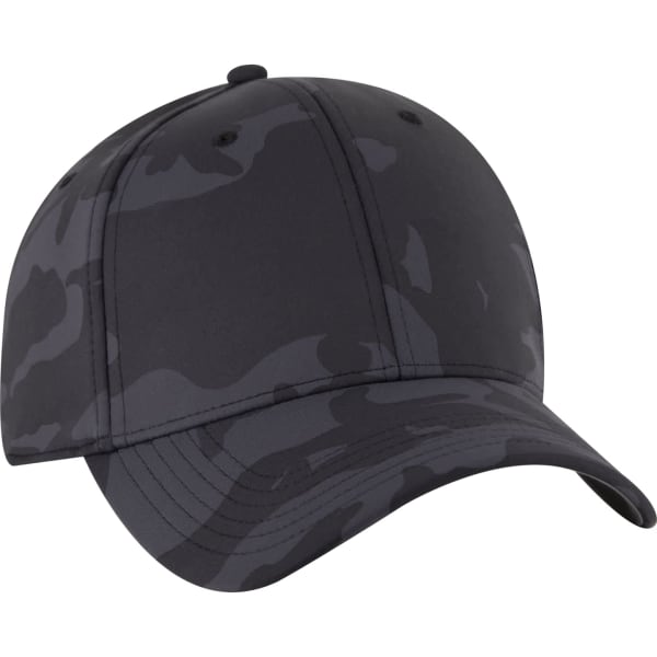 A black camo cap featuring a six-panel design and a logo on the front.
