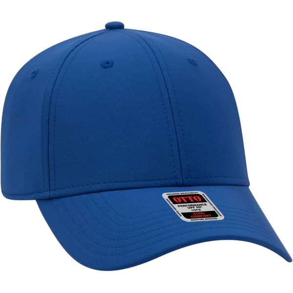 A blue six-panel baseball cap with a structured crown and a logo on the label.