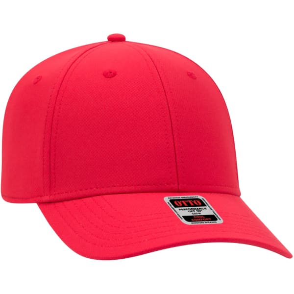 A red six-panel baseball cap with a structured design and a logo on the side.