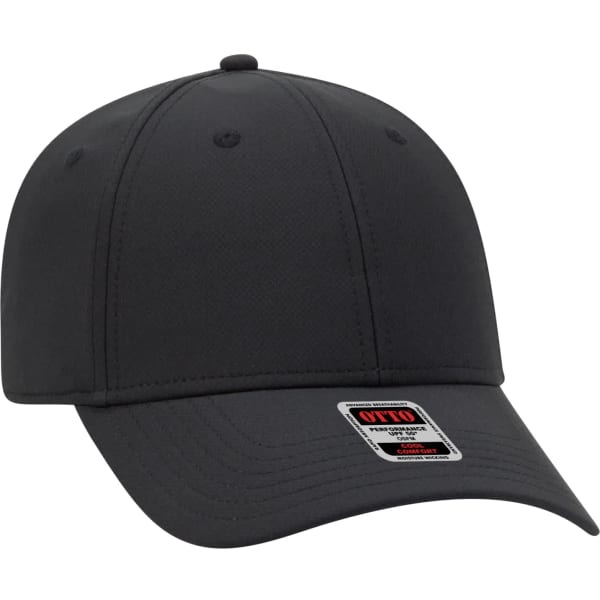 A black six-panel baseball cap with a branded label on the front. The fabric is textured and features a curved brim.