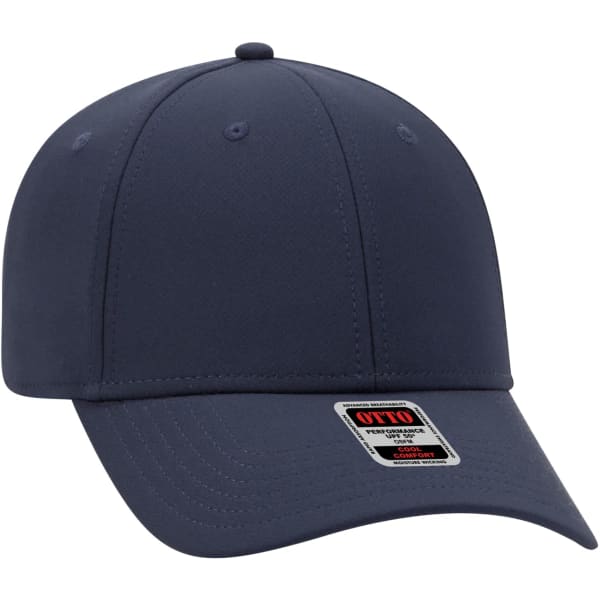 A navy blue six-panel baseball cap featuring a logo. Designed with UPF 50+ protection.