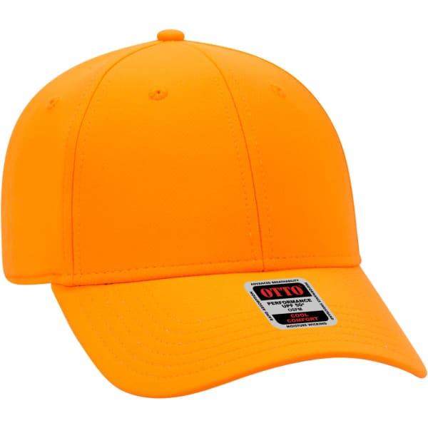 An orange six-panel baseball cap with a textured surface and a logo on the front.