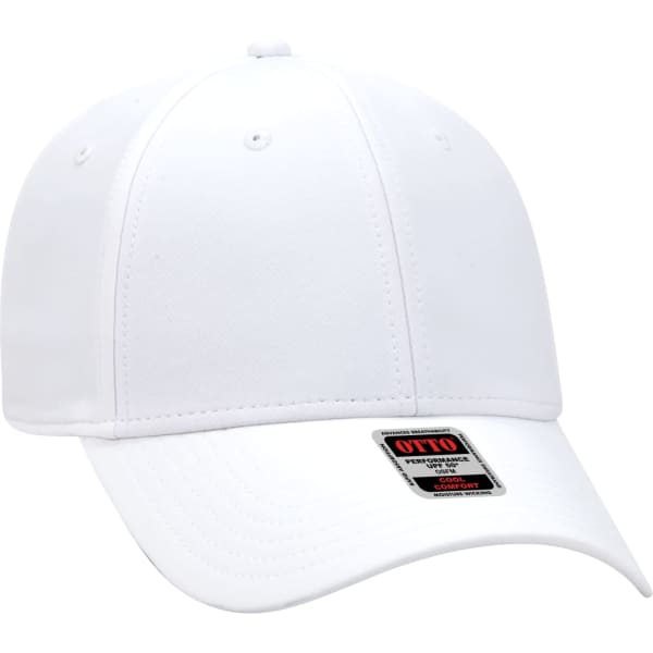 A white six-panel baseball cap with a structured design and a branding label on the front.