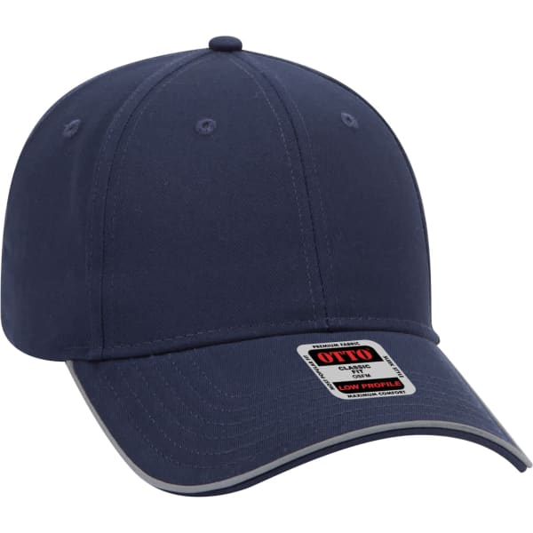 A navy blue reflective six-panel baseball cap with a curved brim and a branding logo on the front.