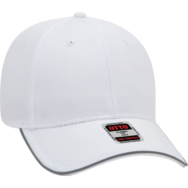 A white reflective six-panel baseball cap featuring a low profile design. Includes a logo branding on the side.