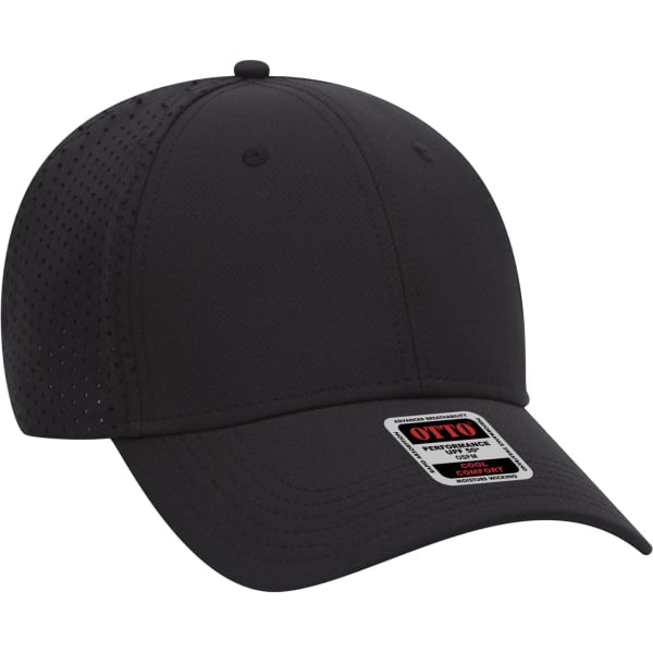 A black UPF 50+ six-panel baseball cap with a perforated design and a brand logo on the side.