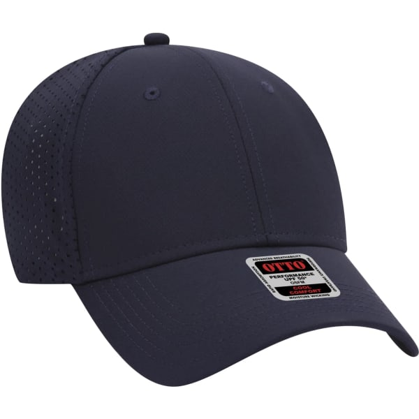 A navy blue six-panel baseball cap with ventilation holes and a logo. Features UPF 50+ sun protection.
