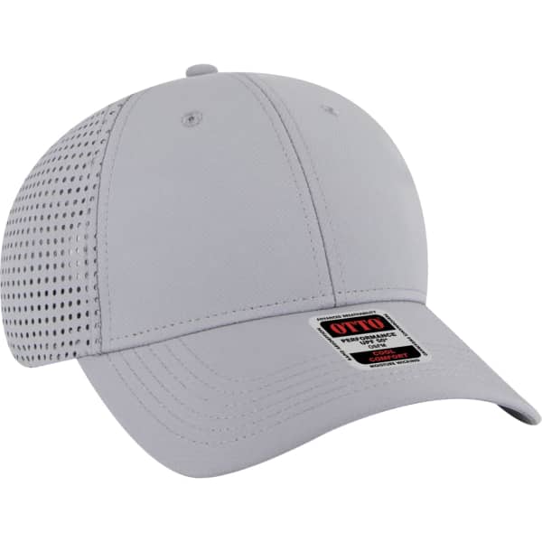 A grey UPF 50+ six-panel baseball cap with a perforated design and branding on the front label.