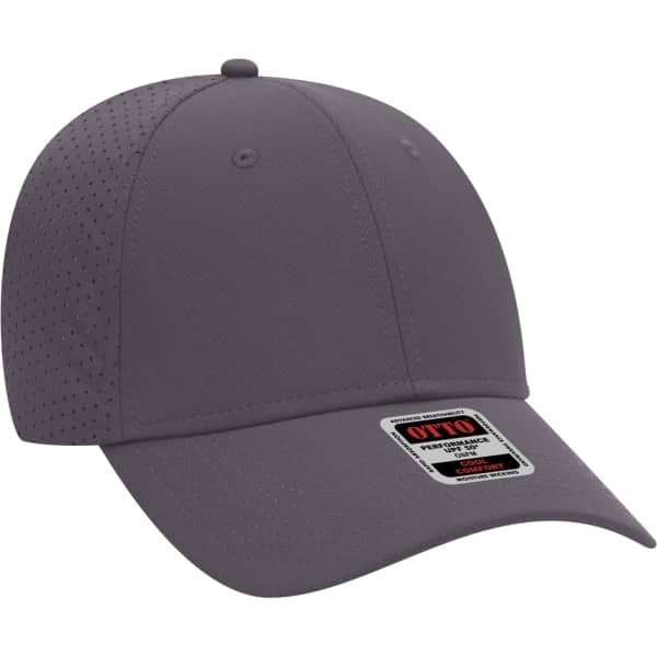 A grey six-panel baseball cap with perforated detailing and a logo. Features UPF 50+ protection.