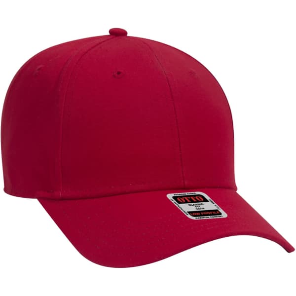 A red six-panel baseball cap featuring a curved brim and a logo patch on the front.