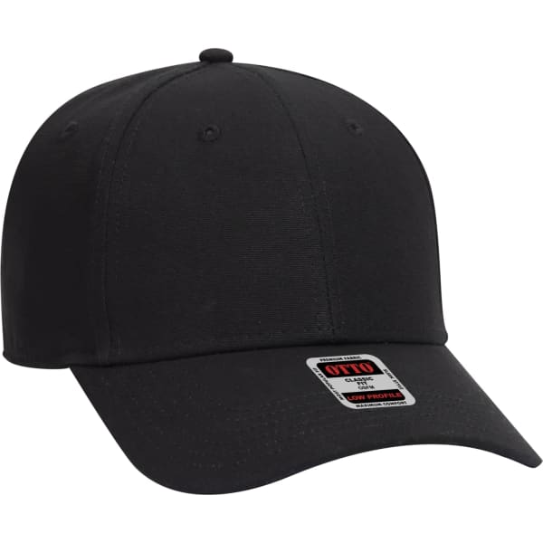 A black 6-panel baseball cap with a curved brim and a logo on the front.