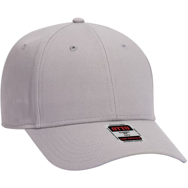 A grey 6 panel baseball cap with a rounded crown and a curved brim, featuring a logo on the label.