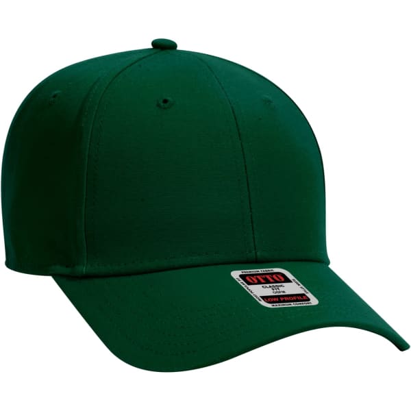 A green 6 panel baseball cap featuring a curved brim and a logo on the front.