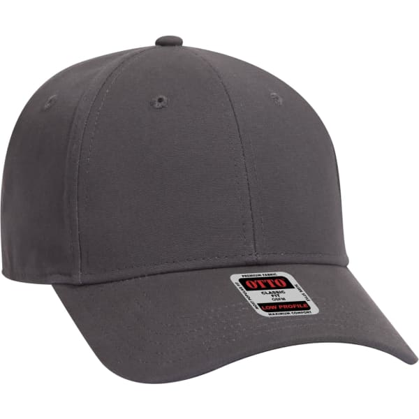 A grey 6-panel baseball cap featuring a curved brim and a logo on the side.