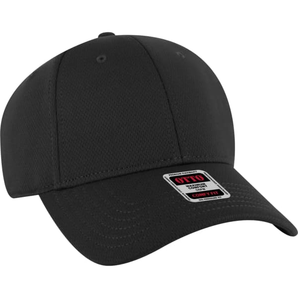 A black six-panel baseball cap featuring a curved brim and a logo on the front.