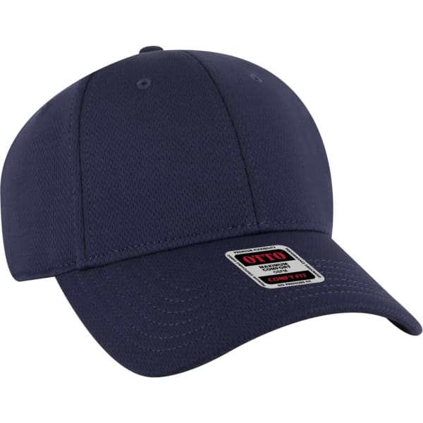 A navy blue six-panel baseball cap featuring a branding logo. The cap has a relaxed fit design.