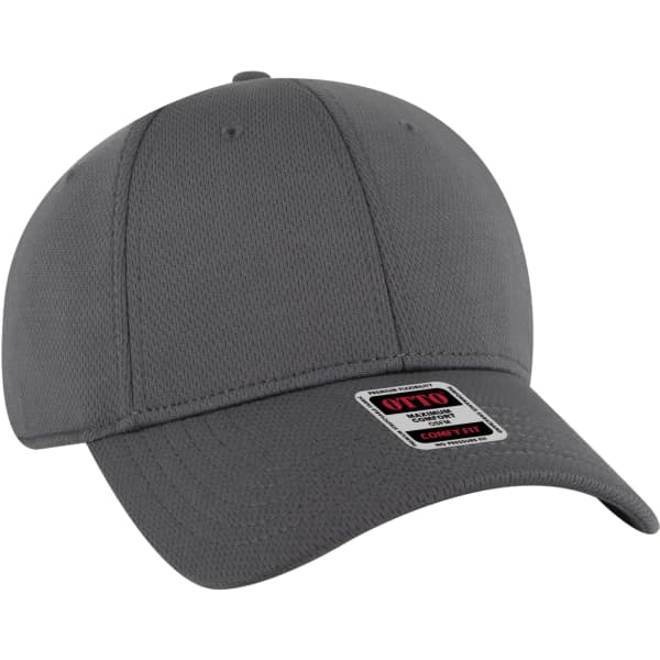 A grey six-panel baseball cap with a structured fit and a small logo on the front.