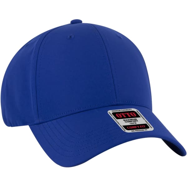 A blue six-panel baseball cap with a curved brim and a brand logo on the side.