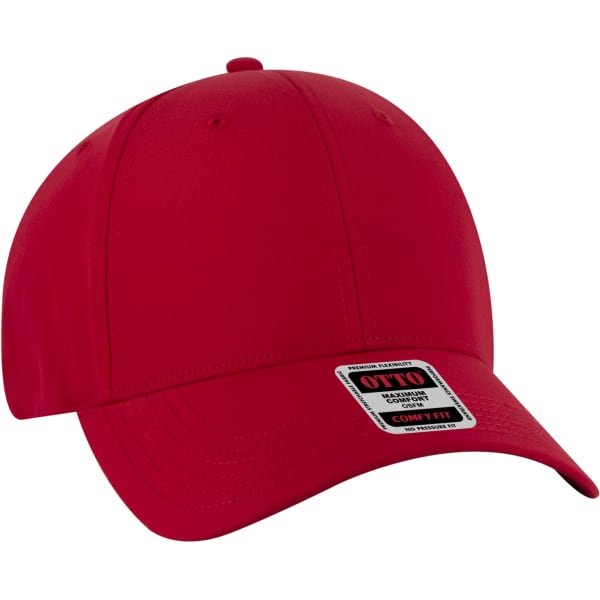 A red six-panel baseball cap featuring a logo and a curved brim.