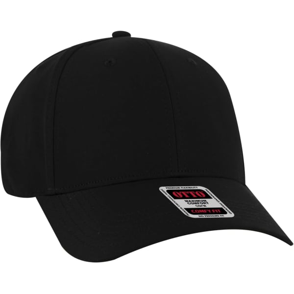 A black Otto Comfy Fit 6 Panel baseball cap with a logo on the front.