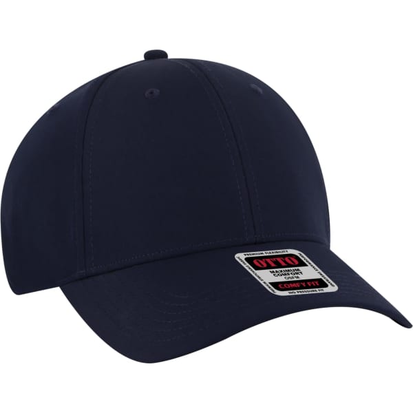A navy blue 6-panel baseball cap with a rounded crown and a branded label on the front.