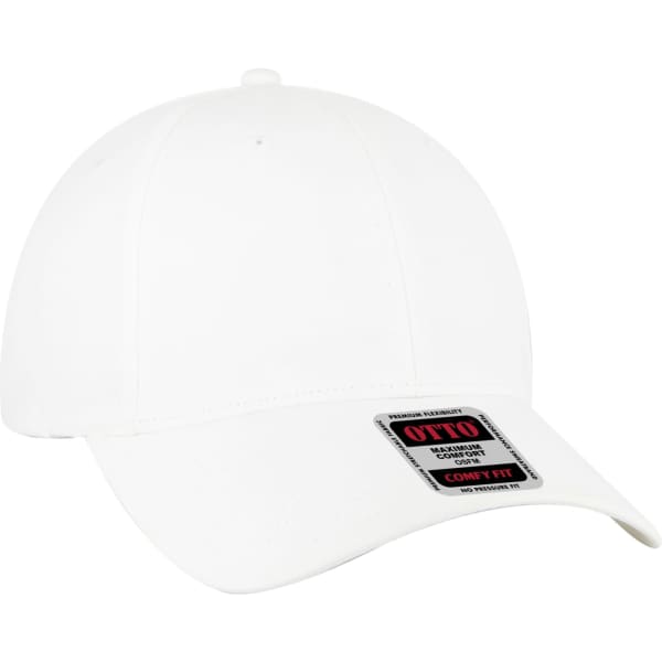 A white six-panel baseball cap with a curved brim and a branded tag on the front.