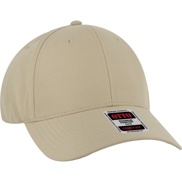 A beige six-panel baseball cap featuring a logo and a comfortable fit design.