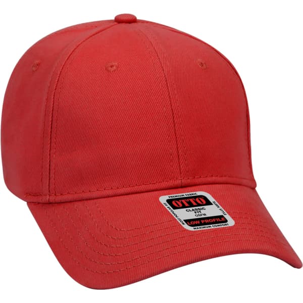 A red 6 panel baseball cap with a curved brim and a branding label on the side.