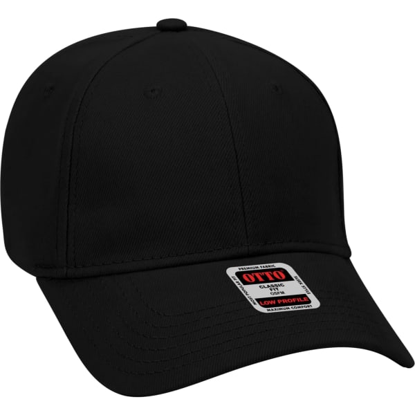 A black 6-panel baseball cap with a curved brim and a branding label on the front.