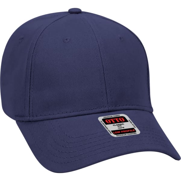 A navy 6-panel baseball cap featuring a structured design and a logo on the front.