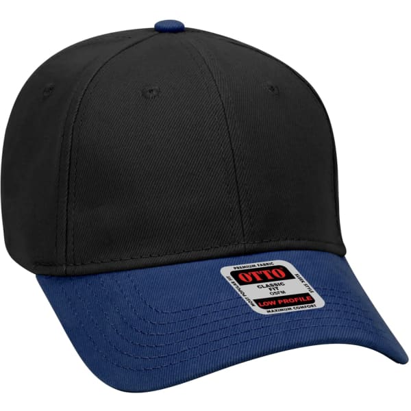 A black and blue 6-panel baseball cap with a curved brim and a logo on the front.