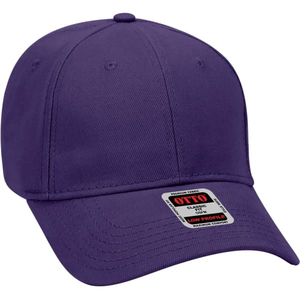 A purple 6-panel baseball cap with a low-profile design and a brand logo on the side.