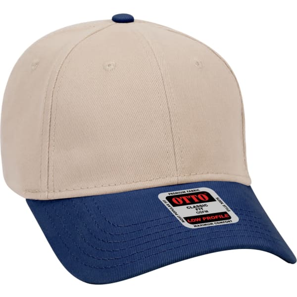 A beige and navy 6-panel baseball cap featuring a logo on the front.