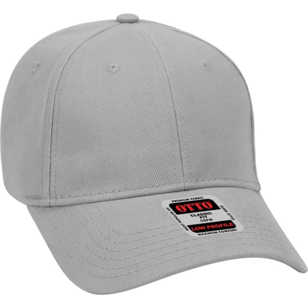 A grey 6 panel baseball cap with a low profile design and a label on the front.