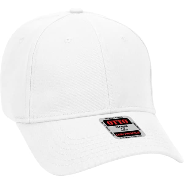 A white 6-panel baseball cap featuring a logo on the front and a pre-curved visor.