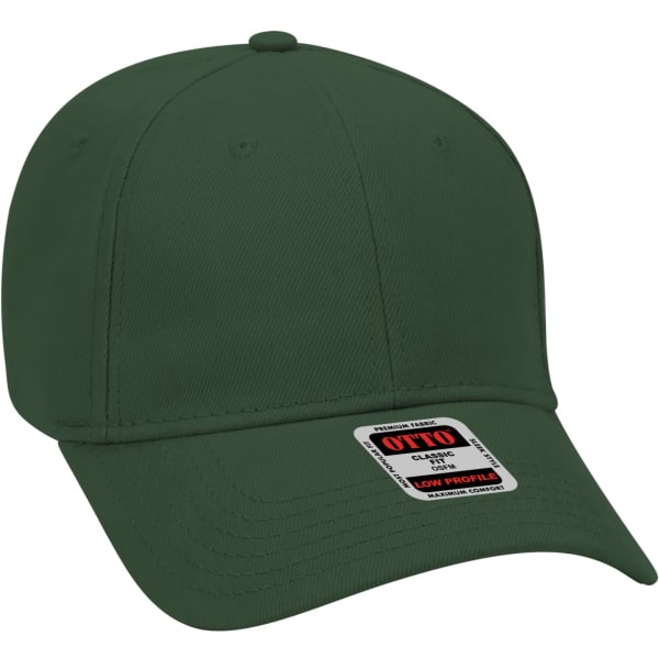 A dark green six-panel baseball cap featuring a low-profile design and a branded label.