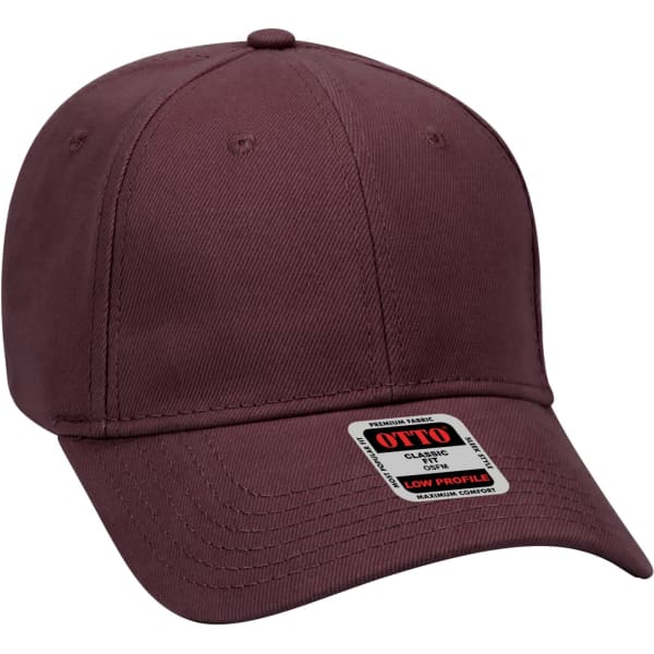 A maroon 6-panel baseball cap with a low-profile design and a logo tag on the front.