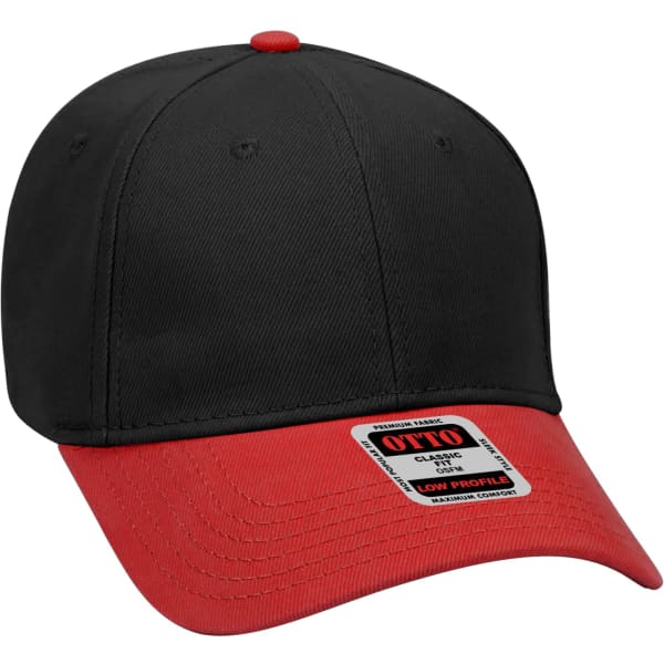 A black and red 6 panel baseball cap featuring a logo on the front and a curved brim.