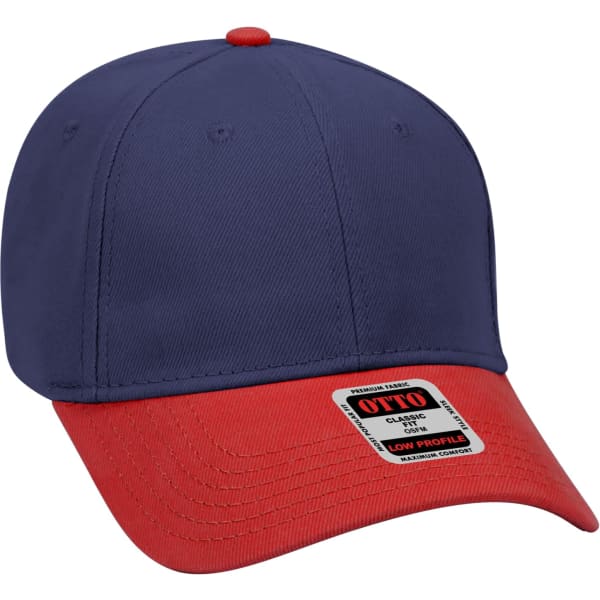A low-profile baseball cap featuring navy blue and red panels, with a logo on the front.
