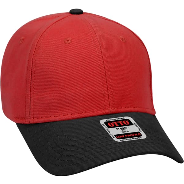 A red and black 6 panel baseball cap featuring a curved brim and a logo on the tag.