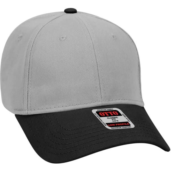 A six-panel baseball cap in grey and black, featuring a logo on the front and a low-profile design.