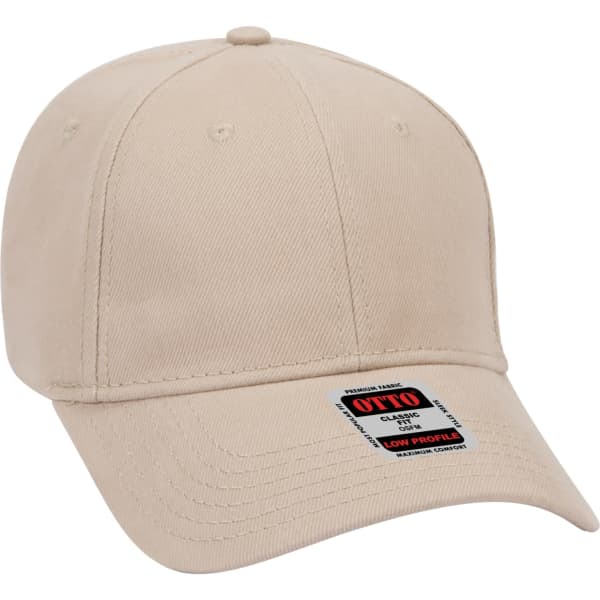 A beige 6-panel baseball cap with a low profile and a branding tag.