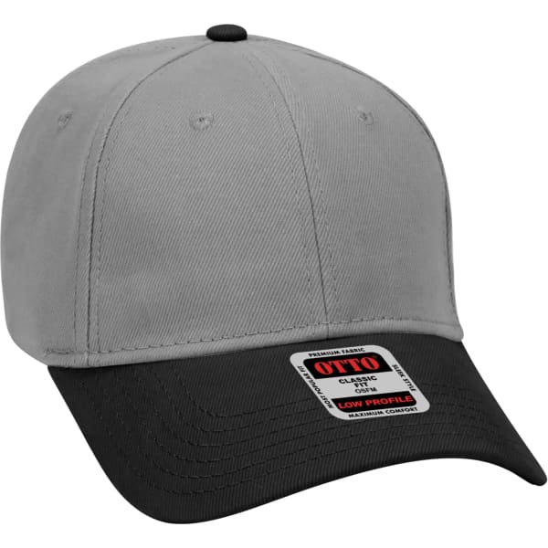A grey and black 6-panel baseball cap with a low profile design and a branded tag.