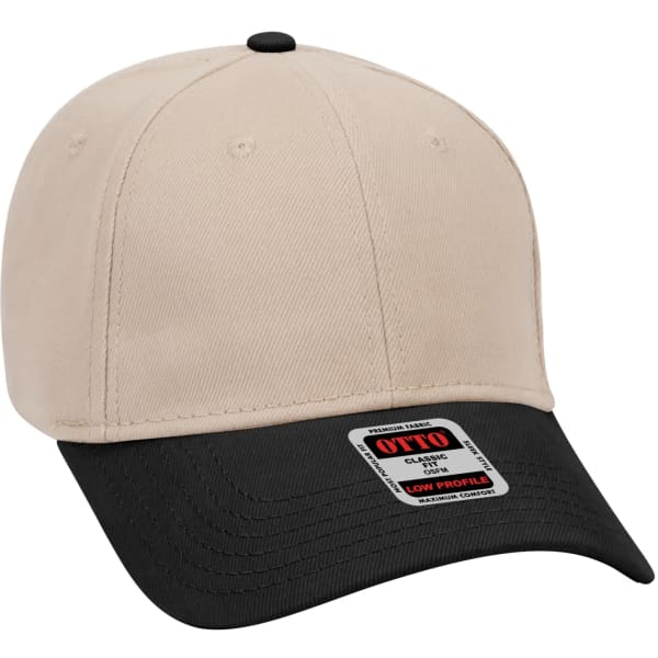 A 6-panel baseball cap in beige with a black brim and a logo label on the side.
