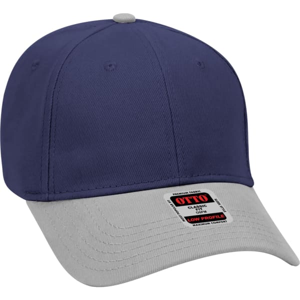 A six-panel baseball cap in navy blue and light grey, featuring a brand logo on the front.